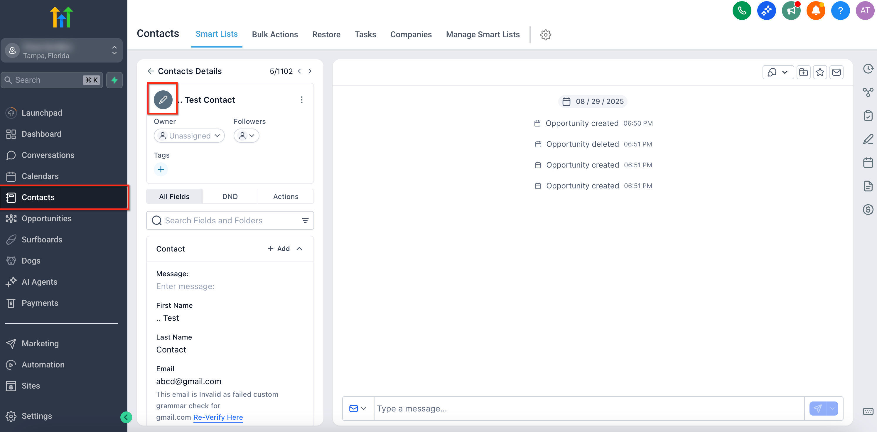 Tela de detalhes de um contato no CRM