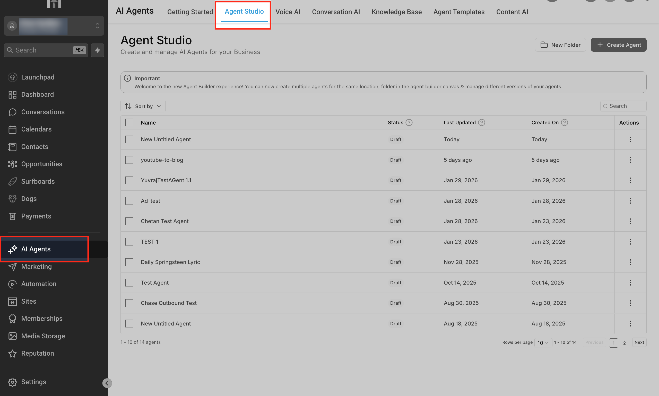 Interface visual do Agent Studio