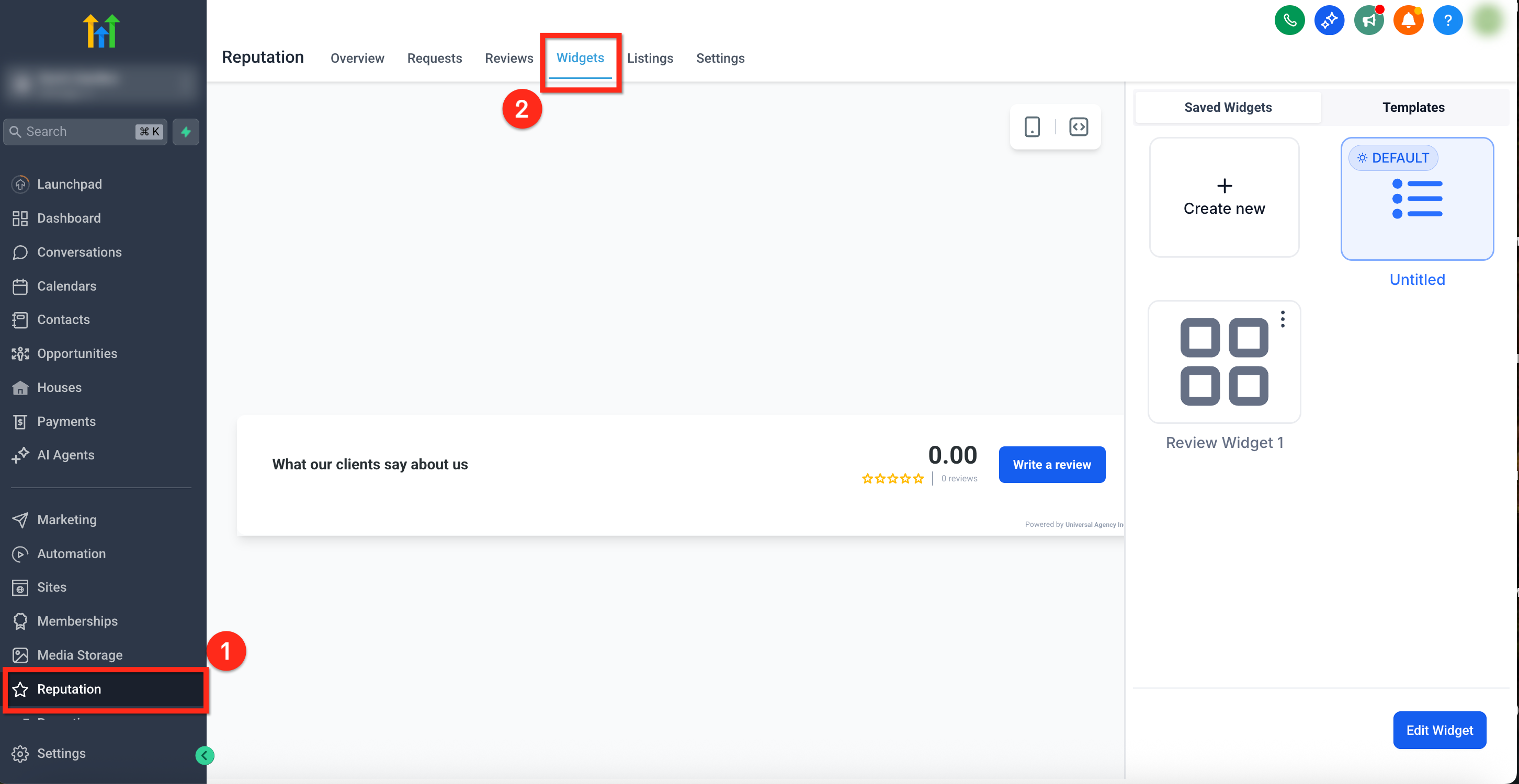 Área de widgets de avaliações