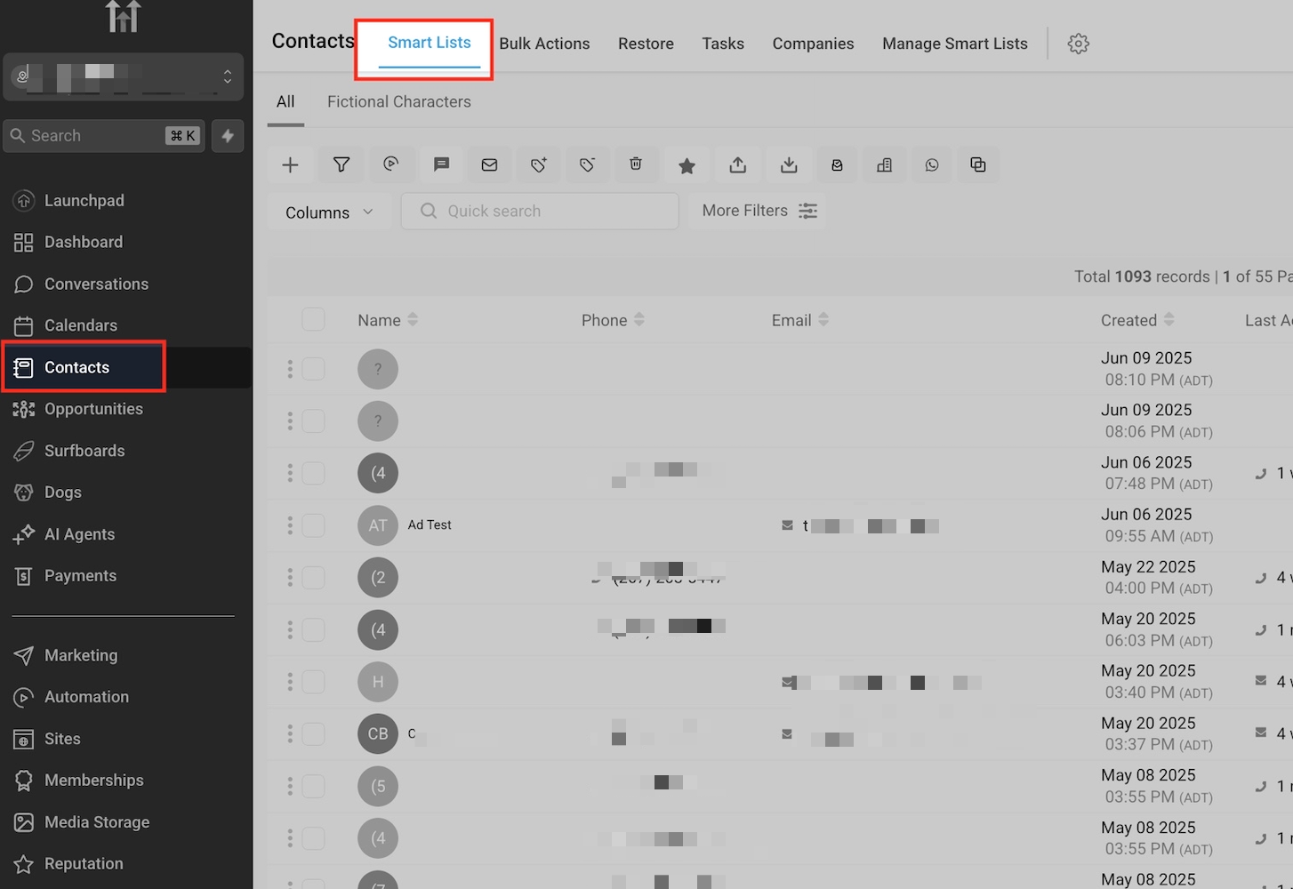 Painel de tarefas de um contato